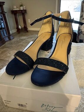 Betsey Johnson Sparkle Navy Ankle-Strap Block Heels